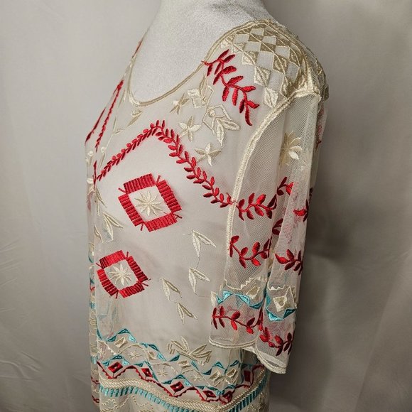 Sundance Size Large Sheer Boho Embroidered Red Turquoise Shear Short Sleeve Top - Picture 5 of 10